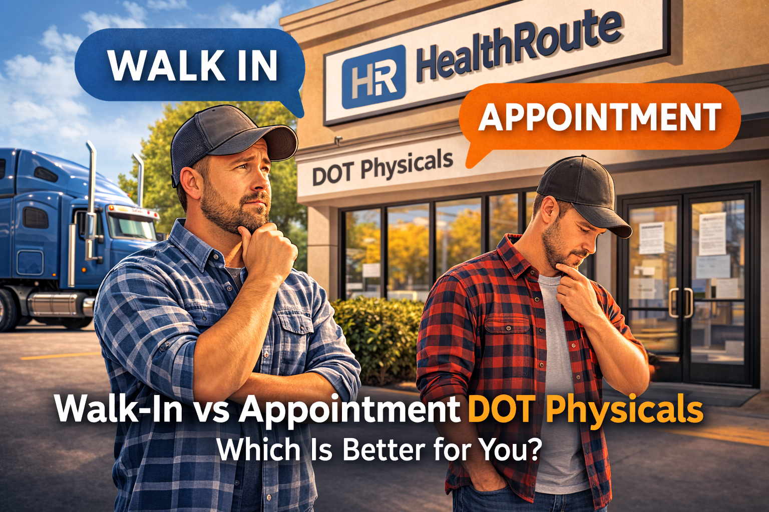 Driver deciding between walking in or making an appointment for a DOT physical at HealthRoute in Orlando