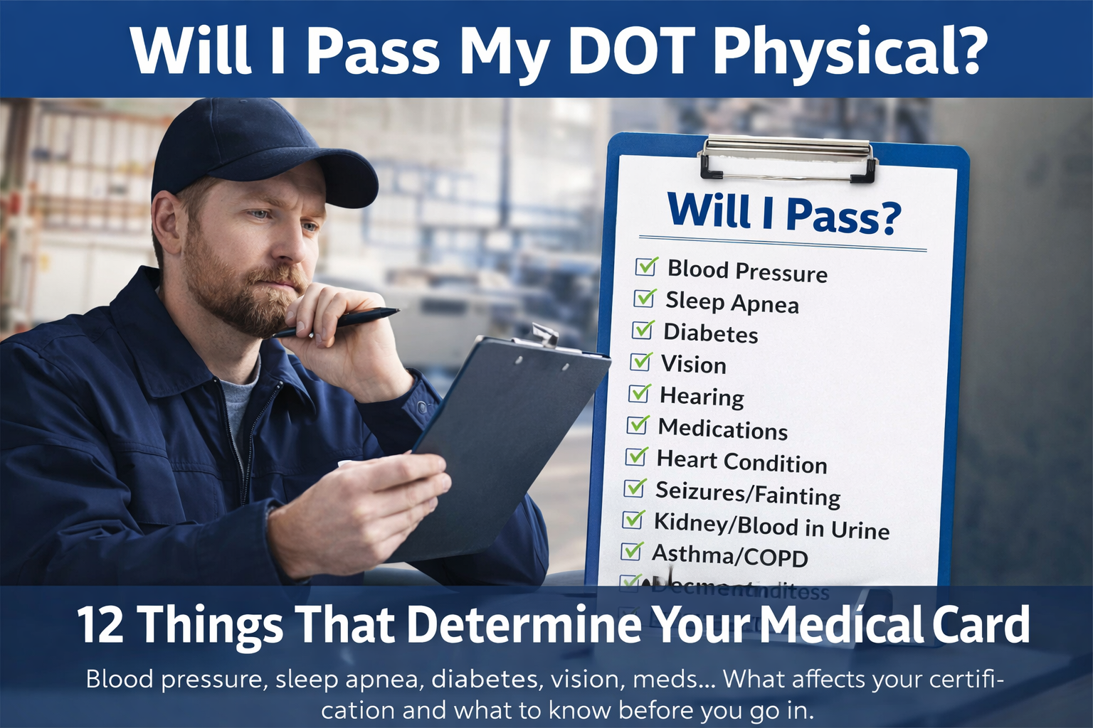 CDL driver preparing for a DOT physical with a checklist of common pass or fail factors